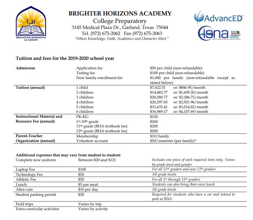 Tuition Schedule and Fees Brighter Horizons Academy